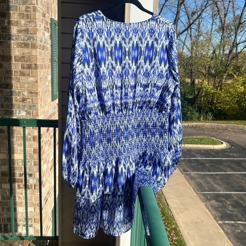 🆕🦋AQUA Blue Ikat Print Smocked Tiered Mini Dress Size XXL Boho Chicupoo Casual